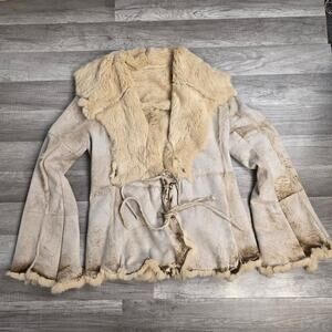 Vintage Italian Shearling Lambskin Fur Coat Boho Winter Distressed Tie